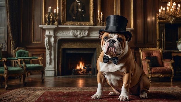 PSD cute bulldog wearing an english hat sitting in a palace bulldog wallpaper