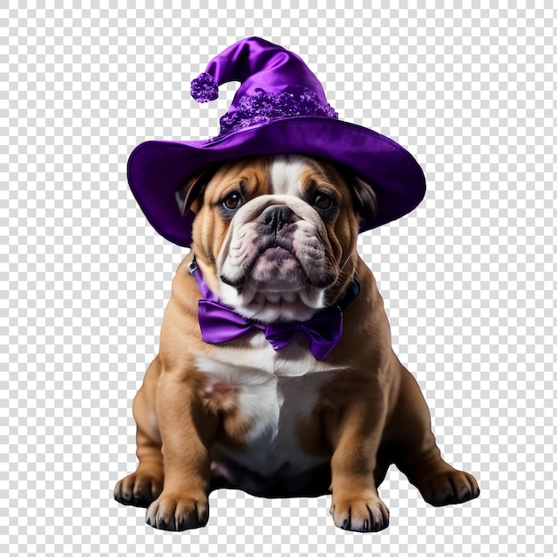 Cute bulldog wearing witch hat ready for Halloween festivities on transparent background