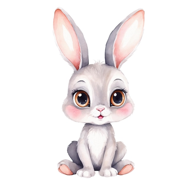 Cute bunny with big eyes in watercolor style