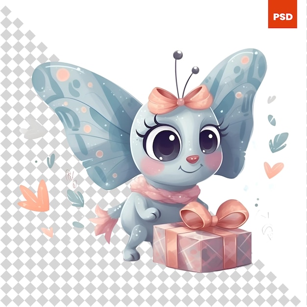 Cute cartoon butterfly with a gift box Vector illustration isolated on white background