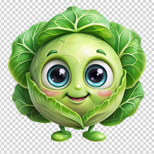 PSD cute cartoon cabbage character with big eyes isolated white background