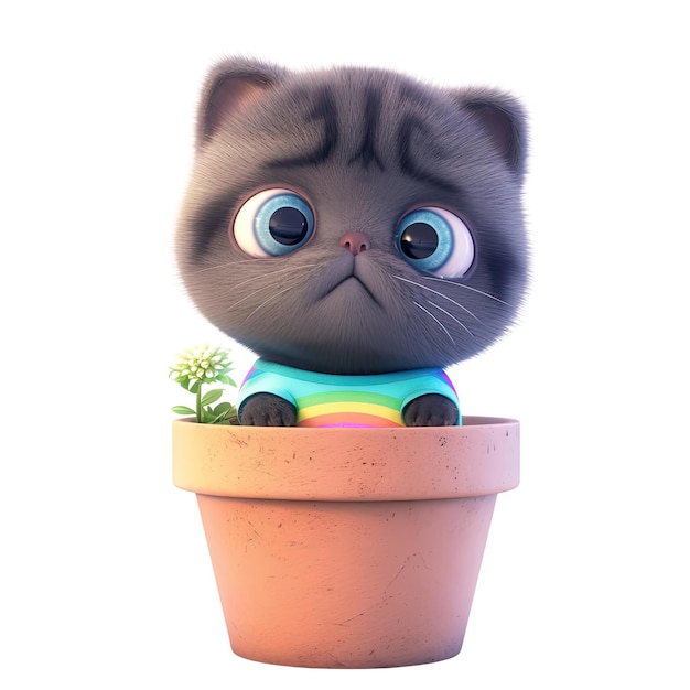 PSD cute cartoon cat in a flower pot with sad expression