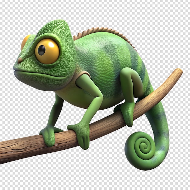 PSD cute cartoon chameleon character sitting on the tree branch isolated on the transparent background