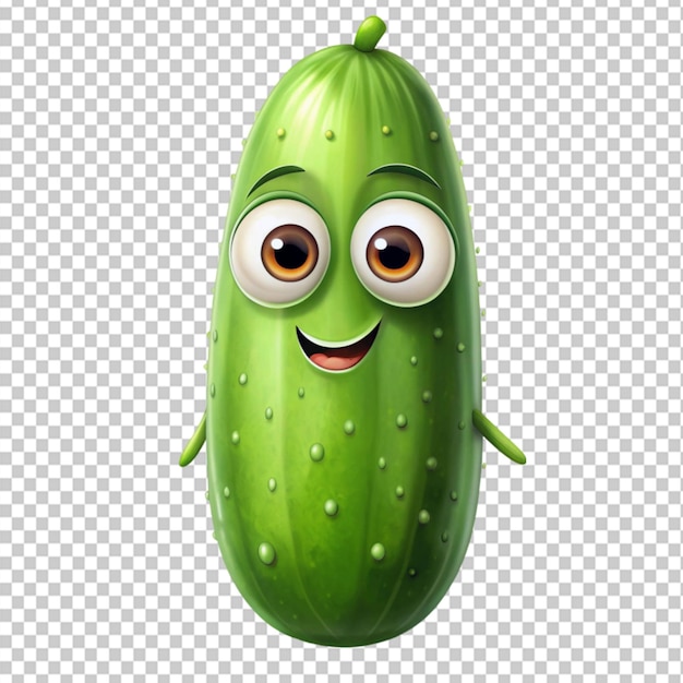 PSD cute cartoon cucumber pickle character with big eyes on transparent background