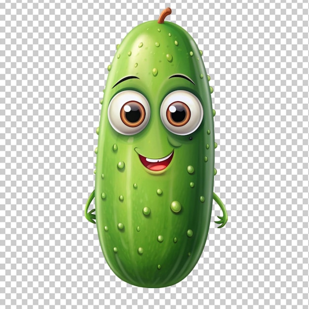 PSD cute cartoon cucumber pickle character with big eyes on transparent background