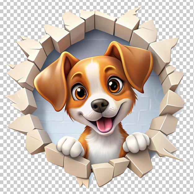 PSD cute cartoon dog breaking through a wall on transparent background