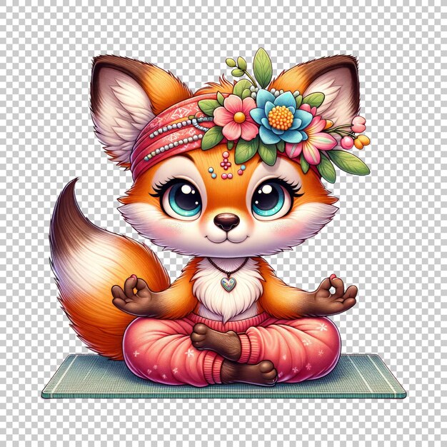 PSD cute cartoon fox in yoga pose isolated on transparent background