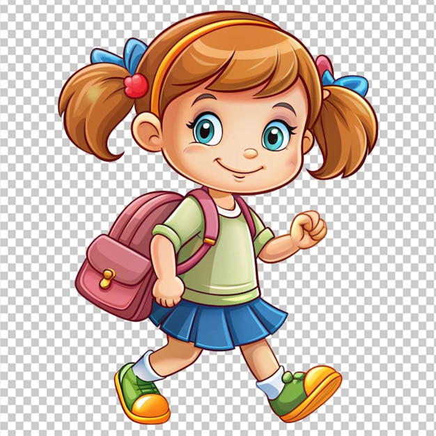 PSD cute cartoon girl going back to school on transparent background