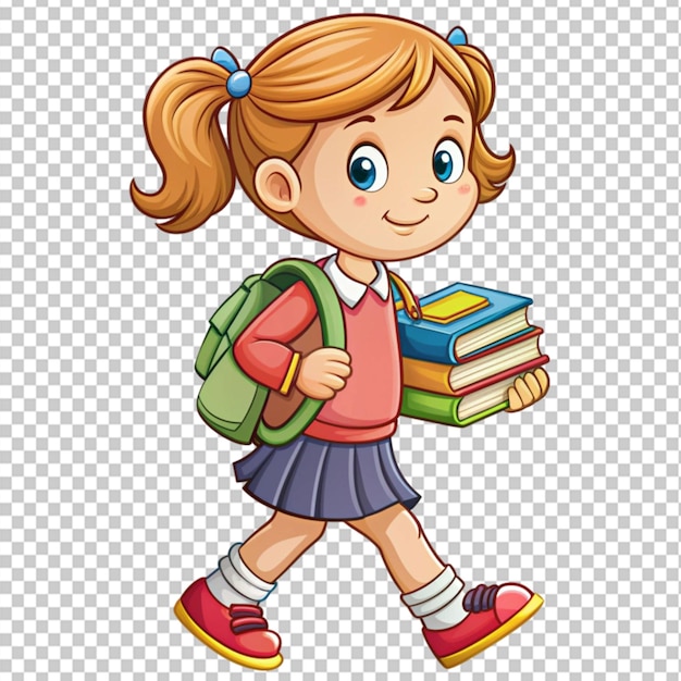 PSD cute cartoon girl holding books and going back to school on transparent background