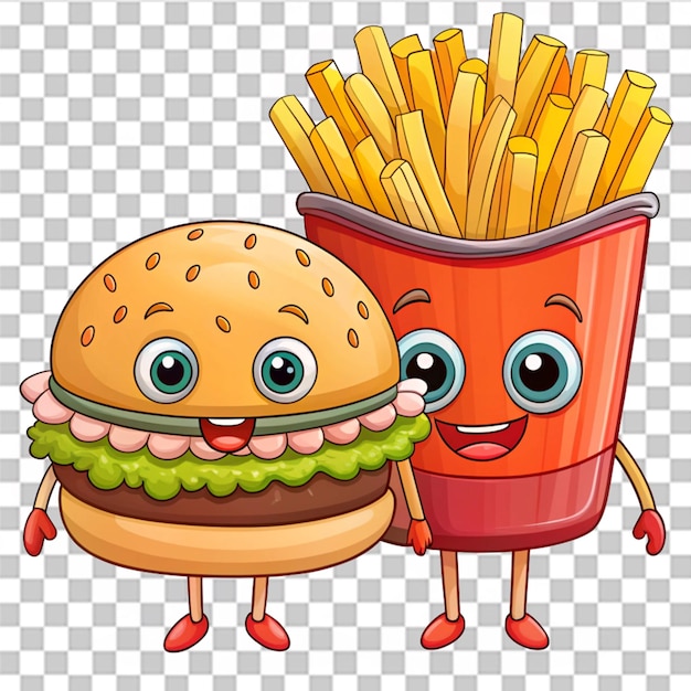 PSD cute cartoon hamburger and french fries fast food isolated on transparent background