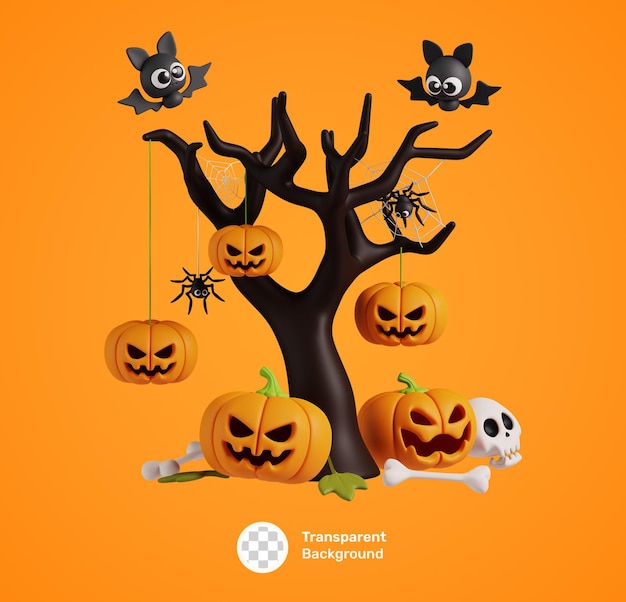 Cute Cartoon Happy Halloween 3d Icon with Tree and Pumpkins isolated October Holiday