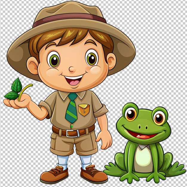 PSD cute cartoon little boy scout with frog and frog on transparent background