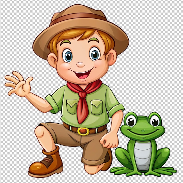 PSD cute cartoon little boy scout with frog and frog on transparent background