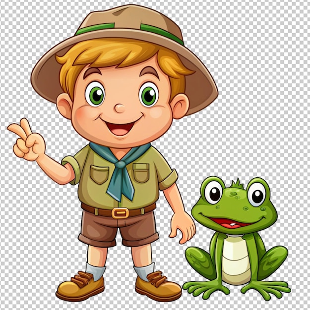 PSD cute cartoon little boy scout with frog and frog on transparent background