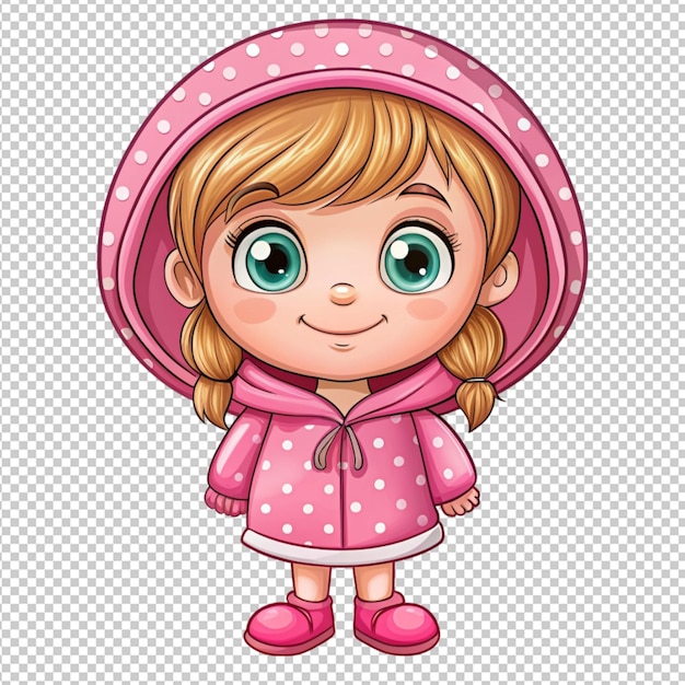 PSD cute cartoon little girl in a hood on transparent background