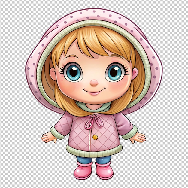 PSD cute cartoon little girl in a hood on transparent background