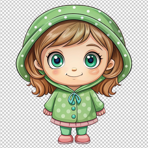 PSD cute cartoon little girl in a hood on transparent background