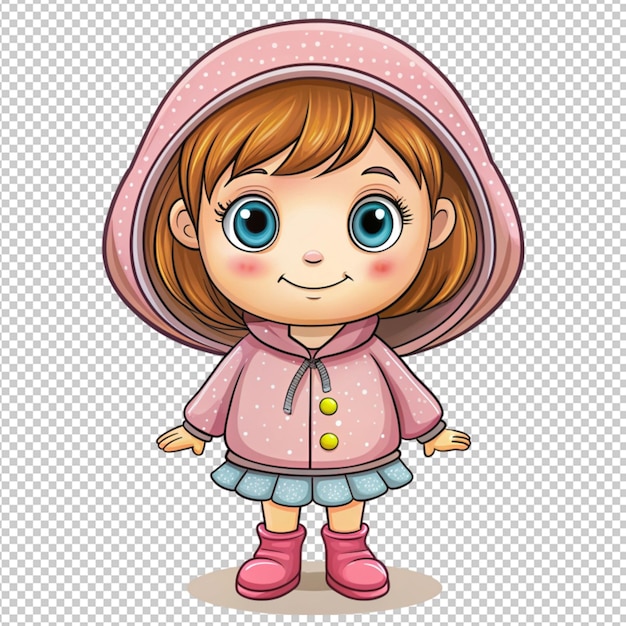 PSD cute cartoon little girl in a hood on transparent background