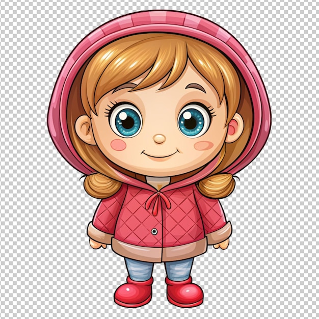 PSD cute cartoon little girl in a hood on transparent background