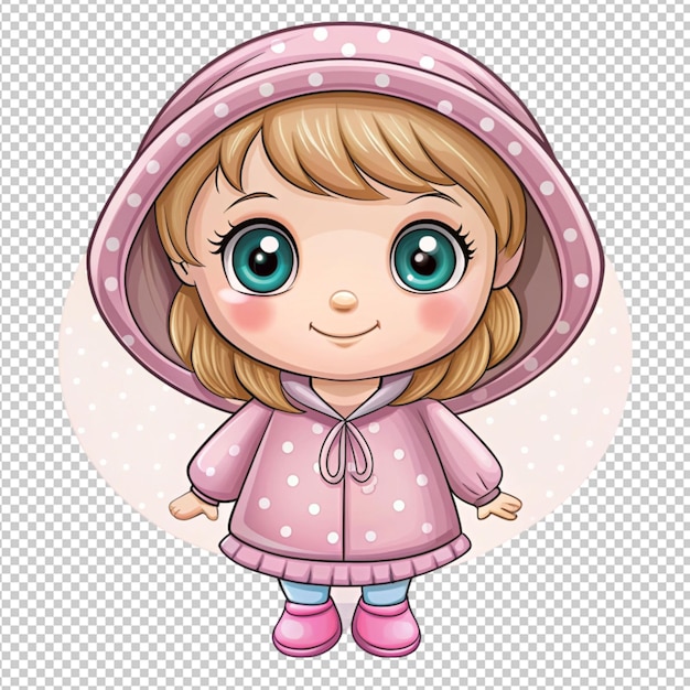 PSD cute cartoon little girl in a hood on transparent background