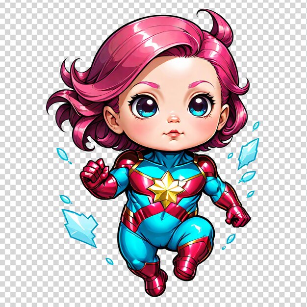 PSD cute cartoon little girl in superhero costume illustration isolated on transparent background