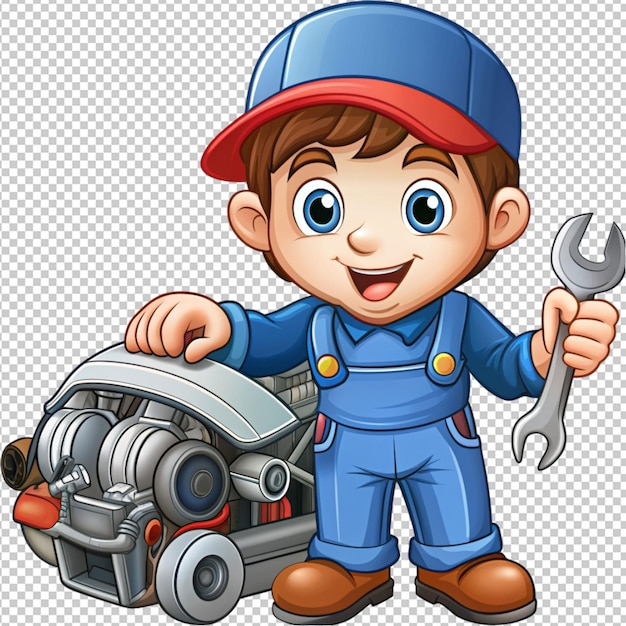 PSD cute cartoon mechanic servicing a car engine on transparent background