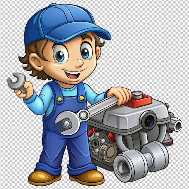 PSD cute cartoon mechanic servicing a car engine on transparent background