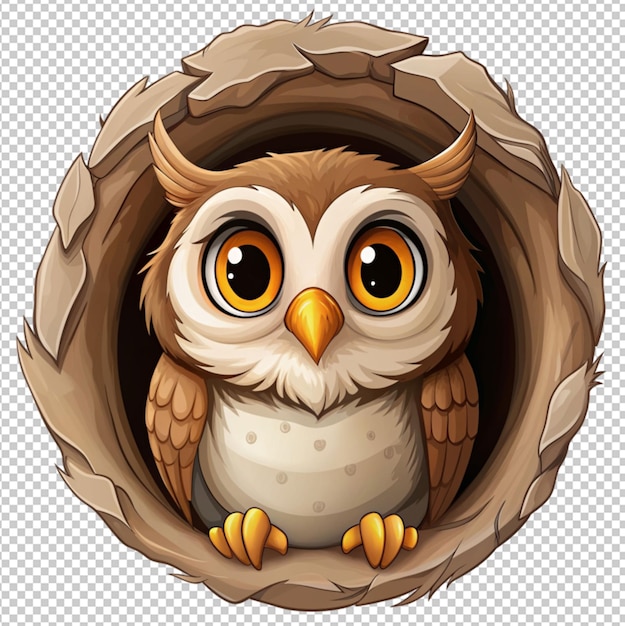 PSD cute cartoon owl in a hole on transparent background