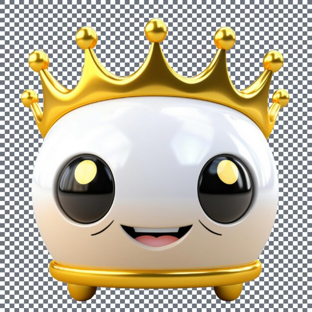 Cute cartoon robot with gold crown 3D rendering isolated on transparent background