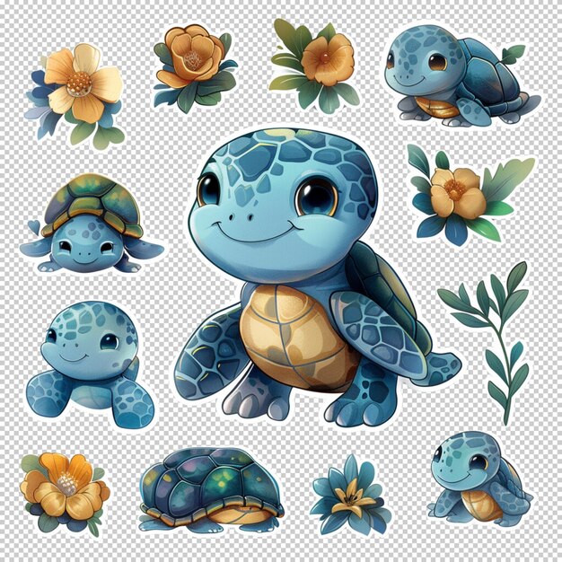 PSD cute cartoon sea turtle sticker isolated on transparent background