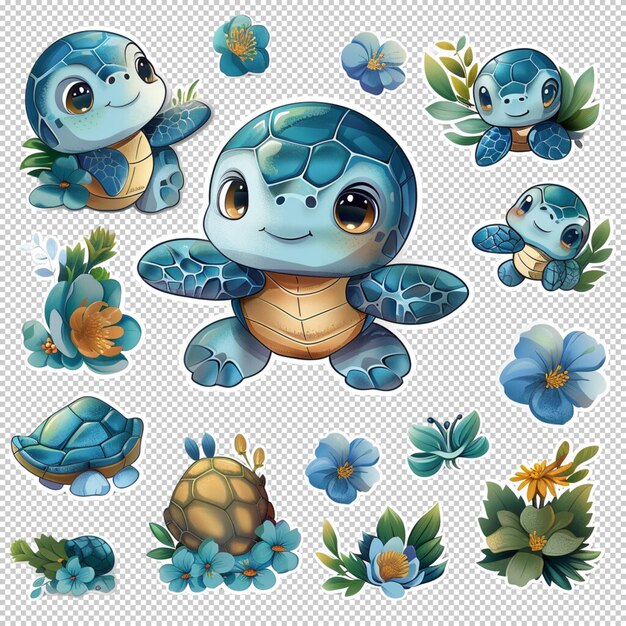 PSD cute cartoon sea turtle sticker isolated on transparent background