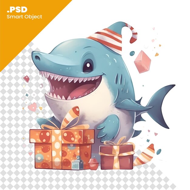 PSD cute cartoon shark with gifts vector illustration on white background psd template