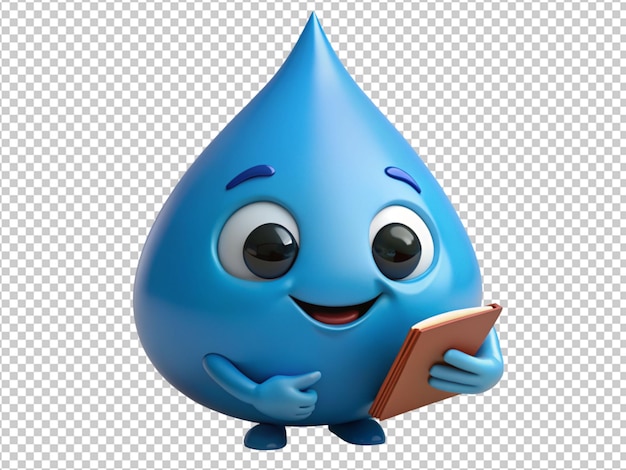 a cute cartoon water droplet with a book