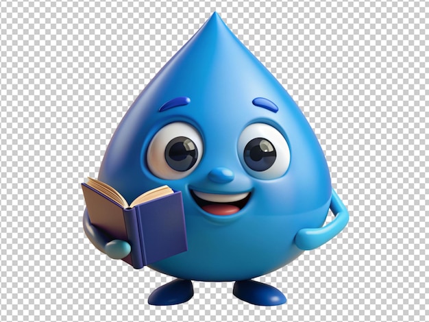 a cute cartoon water droplet with a book