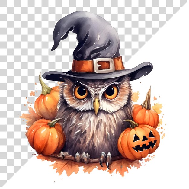 Cute cartoon watercolor halloween owl with a pumpkin on a transparent background