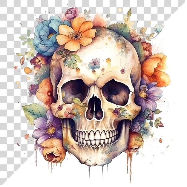 Cute cartoon watercolor halloween skull with flowers on a transparent background