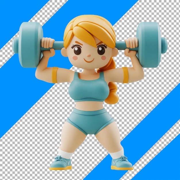 Cute Cartoon Weightlifting Woman Exercising with Dumbbells on Blue Background