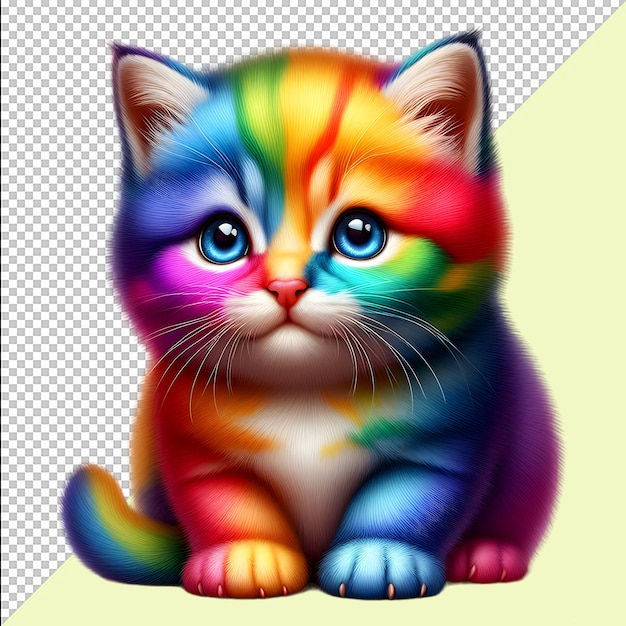 PSD a cute cat fluffy kitten with rainbow colors international cat day png psd transparent background