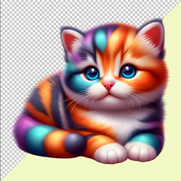 PSD a cute cat fluffy kitten with rainbow colors international cat day png psd transparent background