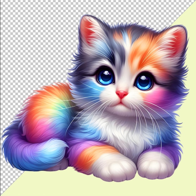 A cute Cat fluffy kitten with rainbow colors International Cat Day Png Psd Transparent Background