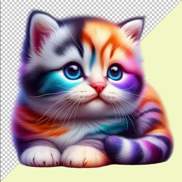 A cute Cat fluffy kitten with rainbow colors International Cat Day Png Psd Transparent Background