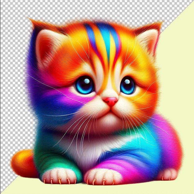 A cute Cat fluffy kitten with rainbow colors International Cat Day Png Psd Transparent Background