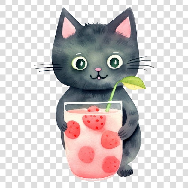 Cute cat holding strawberry drink