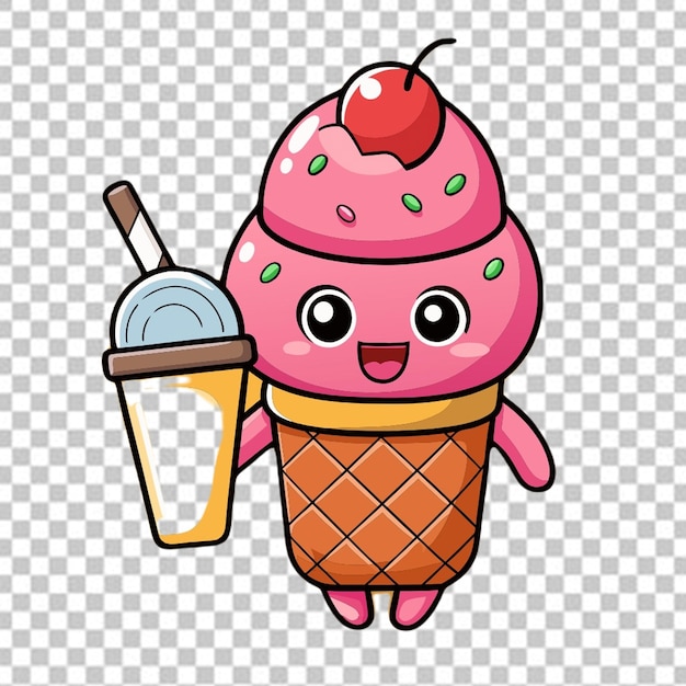 Cute cat ice cream cone holding straw cartoon on white background