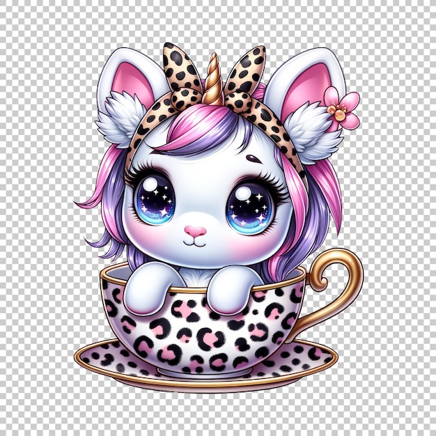 Cute cat unicorn in teacup with leopard print isolated on transparent background