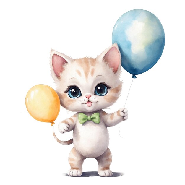 cute cat with a balloon in watercolor style