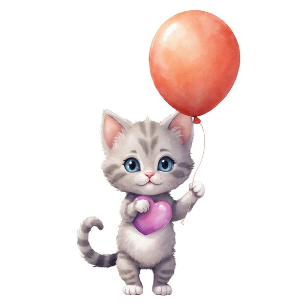 cute cat with a balloon in watercolor style