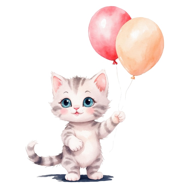 cute cat with a balloon in watercolor style