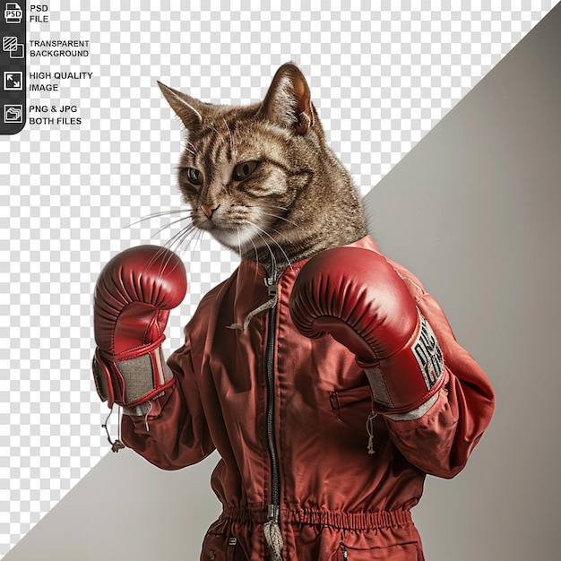 PSD cute cat with boxing gloves isolated on transparent background