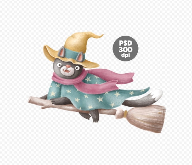 Cute cat with on the broom hand-drawn isolated